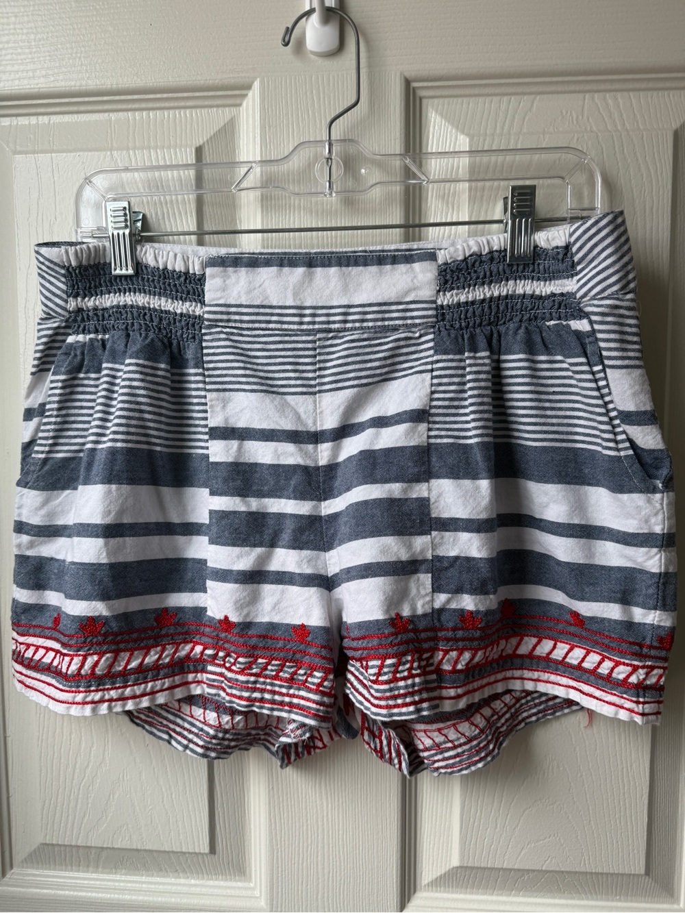 Mud Pie Navy and White Striped High-Waist Shorts with Red Embroidery